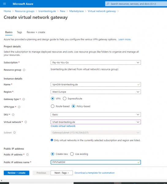 IPSec policy-based S2S VPN Tunnel between pfSense and an Azure VNet ...