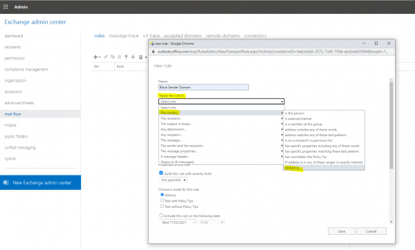 Office 365 / Exchange Online Block Sender Domain - .matrixpost.net