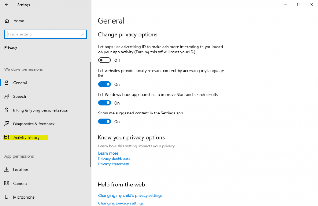 how to check activity history in windows 10