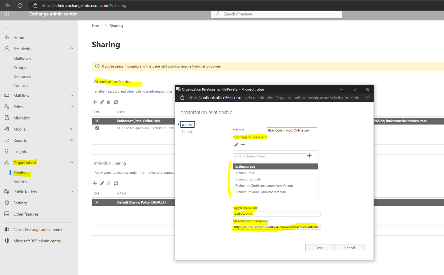 Configuring federated sharing (free/busy calendar information) between